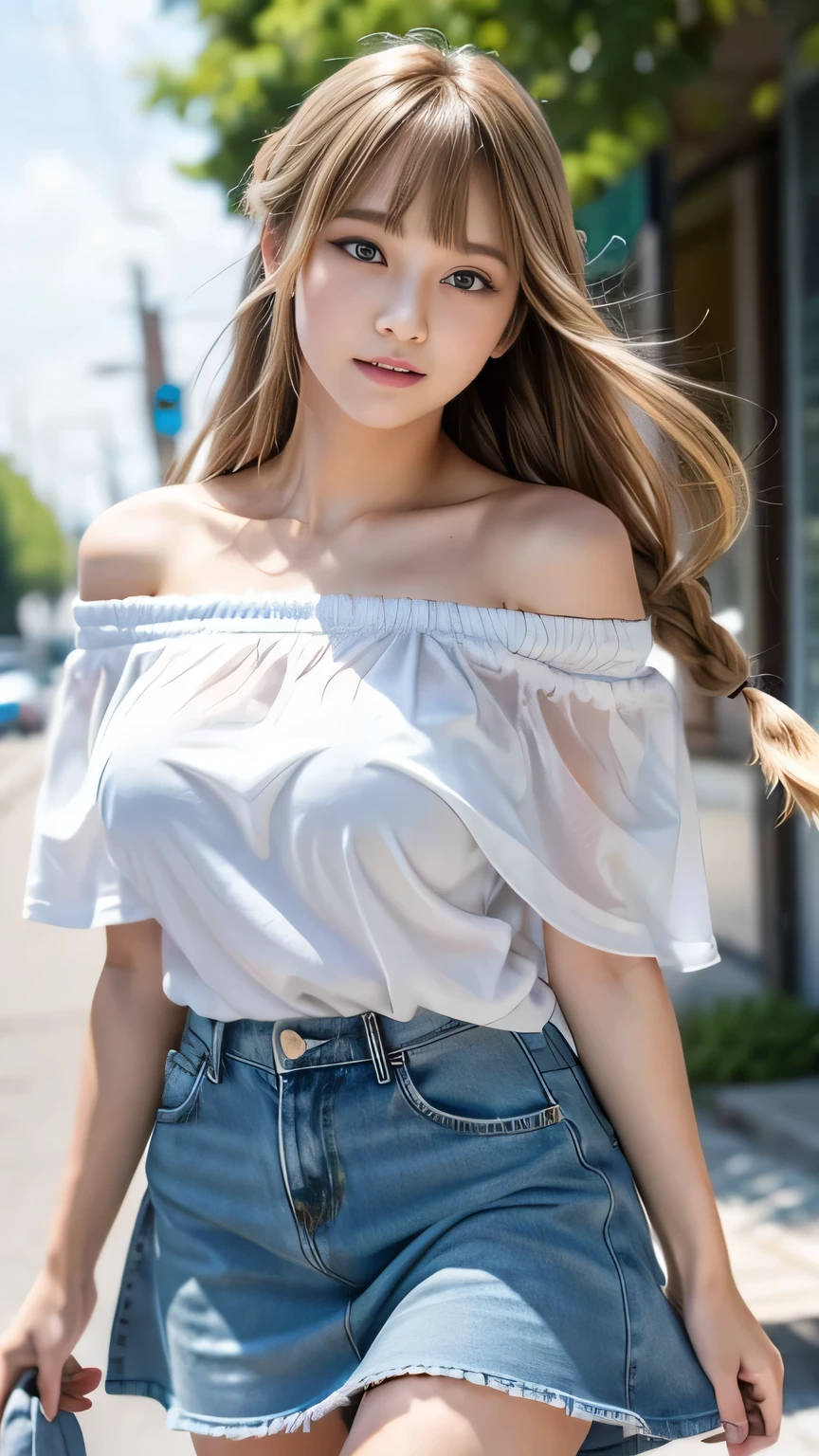 Sexy cute looks and cute beautiful girl, Beautiful and sexy face、A strong wind blows my hair in front of my face、Blonde French braids with cute and sexy eyes hidden by long bangs、Off-the-shoulder T-shirt、Tulle miniskirt