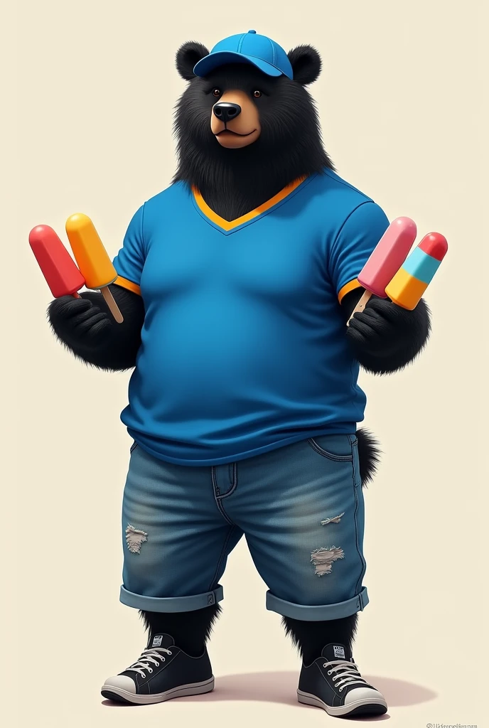 Black Frontino Bear wearing a blue sports shirt, jeans, black shoes and blue cap that delivers popsicles