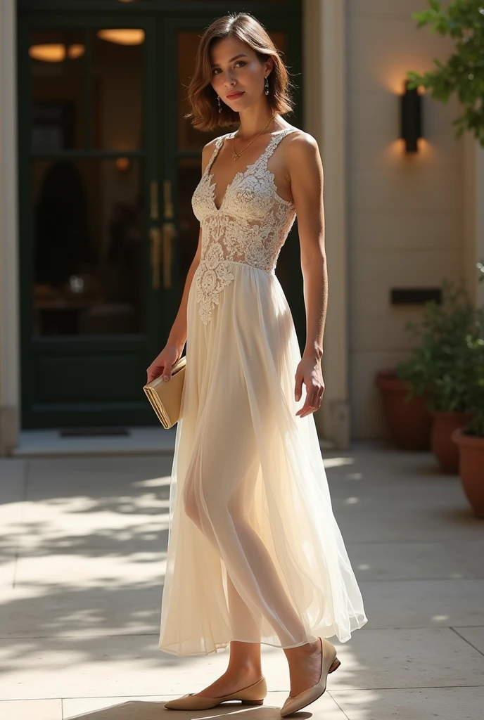 Elegant and Formal
   Dress: A midi or maxi dress with lace or chiffon details.
   Shoes: Ballet flats or kitten heels.
   Accessories: A clutch bag, a delicate necklace, and stud earrings.
