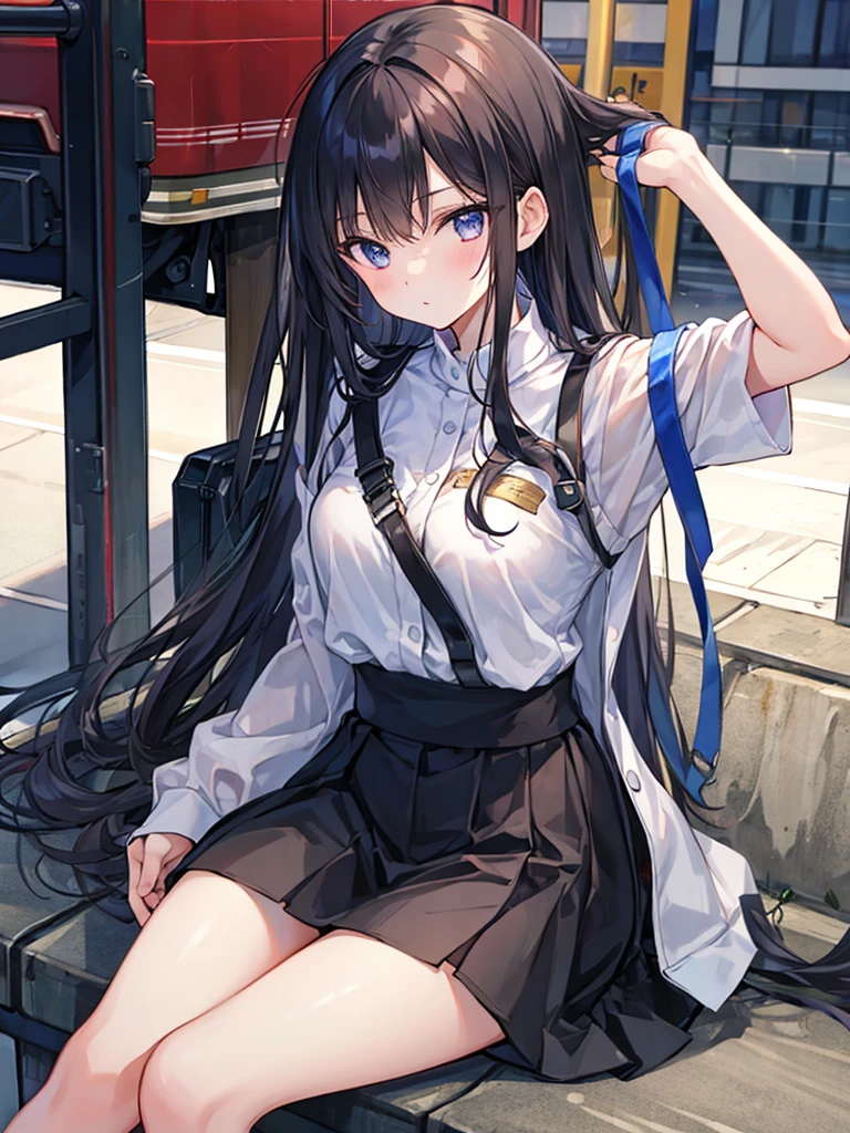 The girl has long black hair and kind eyes.、clear、Firefighter's fire suit
