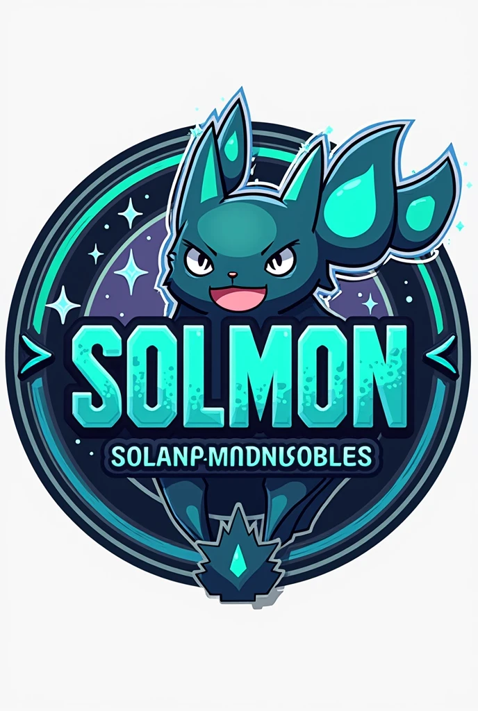 Design a circular logo for 'SOLMON - Solana Monsters' that reflects a fusion of modern, playful aesthetics with the essence of elemental-themed creatures, similar to the Pokémon style. The logo should feature a central emblem, such as a stylized  cat monster animal or creature that represents the 'Solana' theme, using a vibrant color palette of blues, greens, and purples with glowing accents. The creature should have distinct characteristics that align with an elemental type (e.g., fire, water, earth), and be rendered in a way that captures both the power and cuteness of the design. Surround the emblem with a circular border that incorporates subtle textures or gradients reminiscent of digital or cosmic elements. The text 'SOLMON' should be prominently displayed within the circular design, using bold, rounded typography that feels both friendly and adventurous. Integrate elements like small digital sparks, stars, or waves around the text and emblem to give the logo an otherworldly, magical vibe. Ensure the overall design is clean, balanced, and visually striking, making it easily recognizable and suitable for branding purposes.