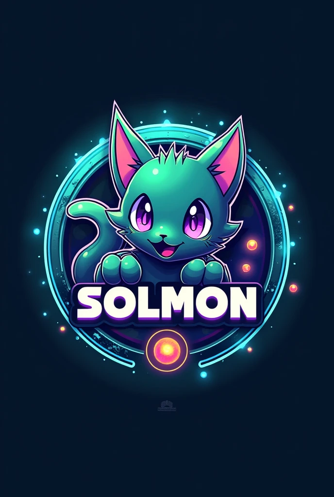 Design a circular logo for 'SOLMON - Solana Monsters' that reflects a fusion of modern, playful aesthetics with the essence of elemental-themed creatures, similar to the Pokémon style. The logo should feature a central emblem, such as a stylized cat monster animal or creature that represents the 'Solana' theme, using a vibrant color palette of blues, greens, and purples with glowing accents. The creature should have distinct characteristics that align with an elemental type (e.g., fire, water, earth), and be rendered in a way that captures both the power and cuteness of the design. Surround the emblem with a circular border that incorporates subtle textures or gradients reminiscent of digital or cosmic elements. The text 'SOLMON' should be prominently displayed within the circular design, using bold, rounded typography that feels both friendly and adventurous. Integrate elements like small digital sparks, stars, or waves around the text and emblem to give the logo an otherworldly, magical vibe. Ensure the overall design is clean, balanced, and visually striking, making it easily recognizable and suitable for branding purposes.