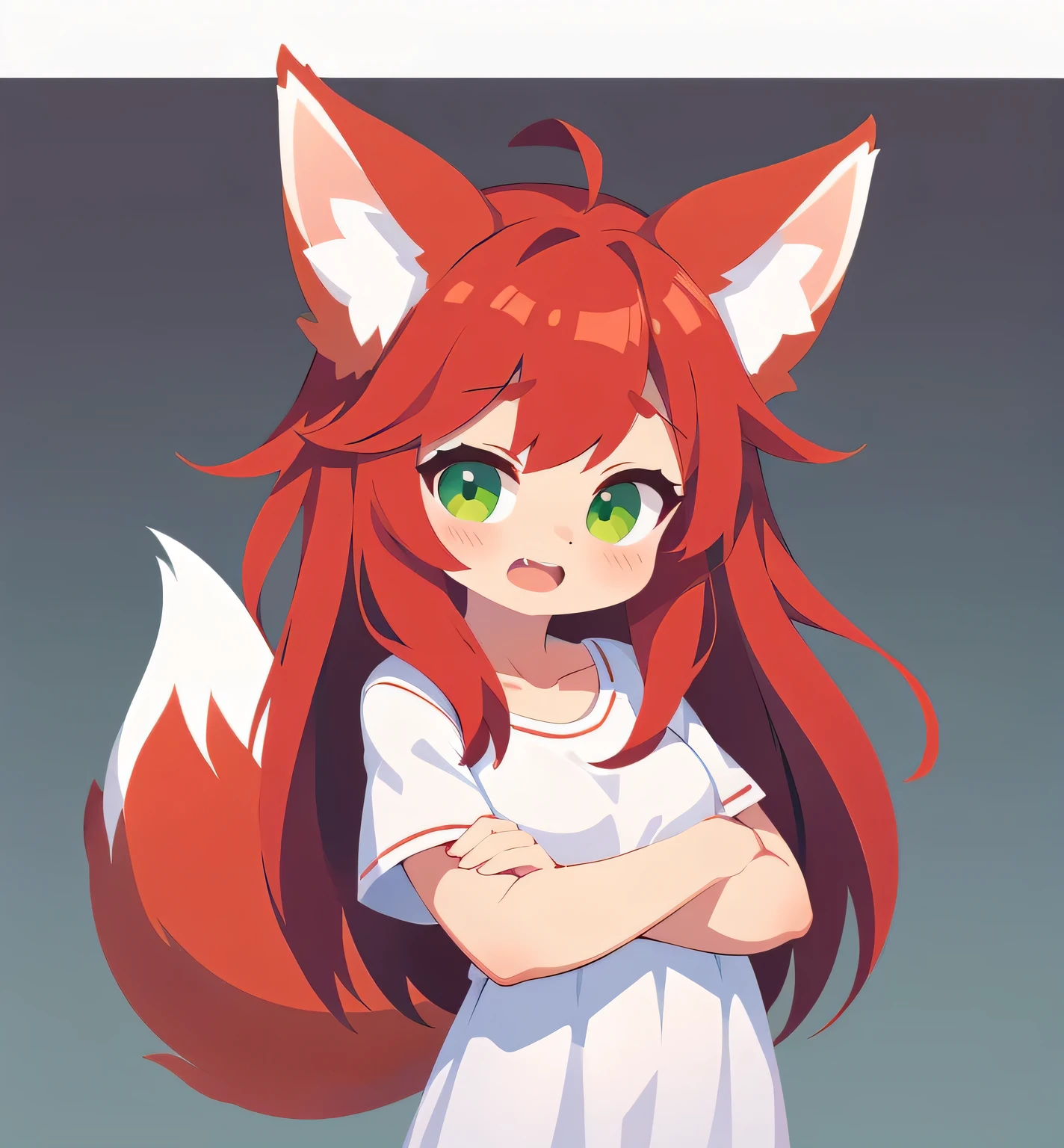 1girl, solo, red hair, green eyes, white clothes, adult, fox ears, fox tail, (open mouth:1.2), detailed, light skin, simple background
