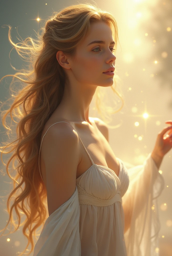 A  girl with blond hair in a transparent dress and full-length large breasts 