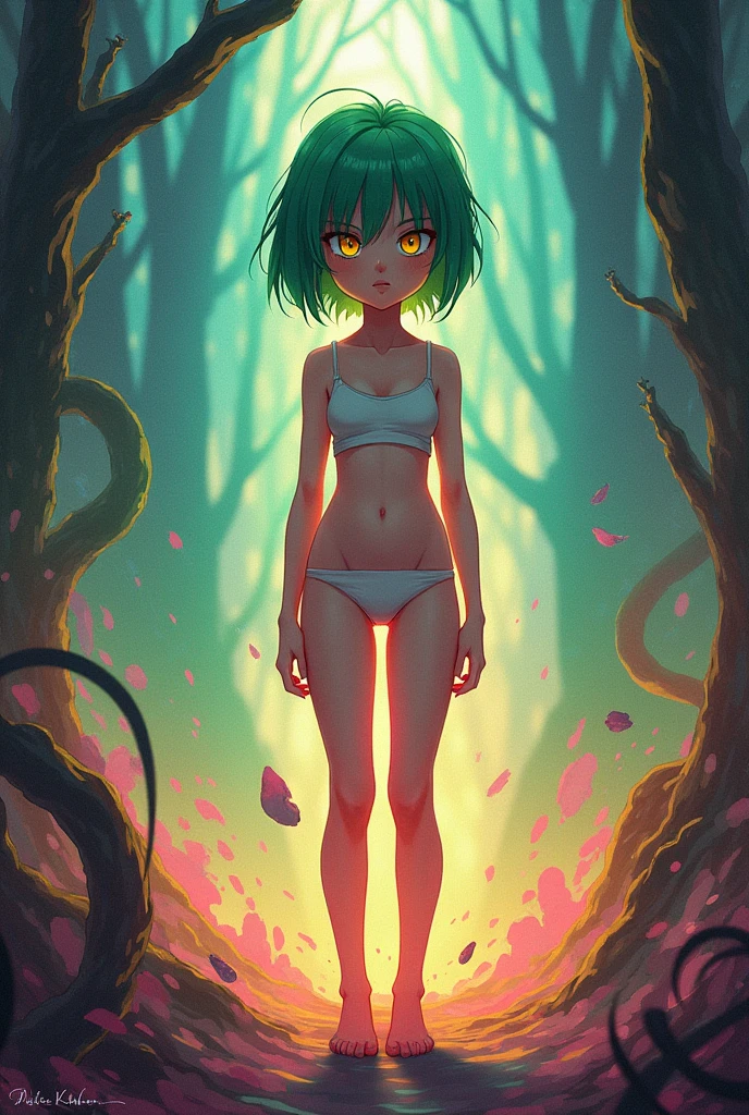((work of art,ultra-detailded, details Intricate, best qualityer,illustration)),1 girl, standing alone, high resolution, yellow eyes, hair green, shorth hair, , pantless, breasts small, Skinny, detailded, swirly vibrant colors, hight contrast, dynamic lighting, lifelike textures, illustration aesthetic, fuu (Fuu)