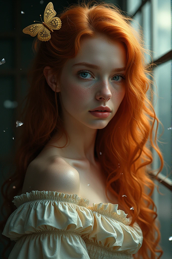 (solo, full body photo:1.3), (action packed:1.3), (haze, fog, mist:1.3), chiaroscuro, best quality, photorealistic, 1woman, (cute), (24yo:1.2), redhead, long ginger hair highly detailed, 1700'S, digital photography, art by artgerm and ruan jia and greg rutkowski surreal painting gold butterfly filigree, broken glass, (masterpiece, sidelighting, finely detailed Fashionable eyes: 1.2) (perfect oval large eyes that gazes at the viewer), beautiful detailed face, blue gorgeous perfect eyes, (blonde hair ponytail), (attractive young woman:1.3), (thick amazing hair), (seductive:1.1), (blushing:1.1)