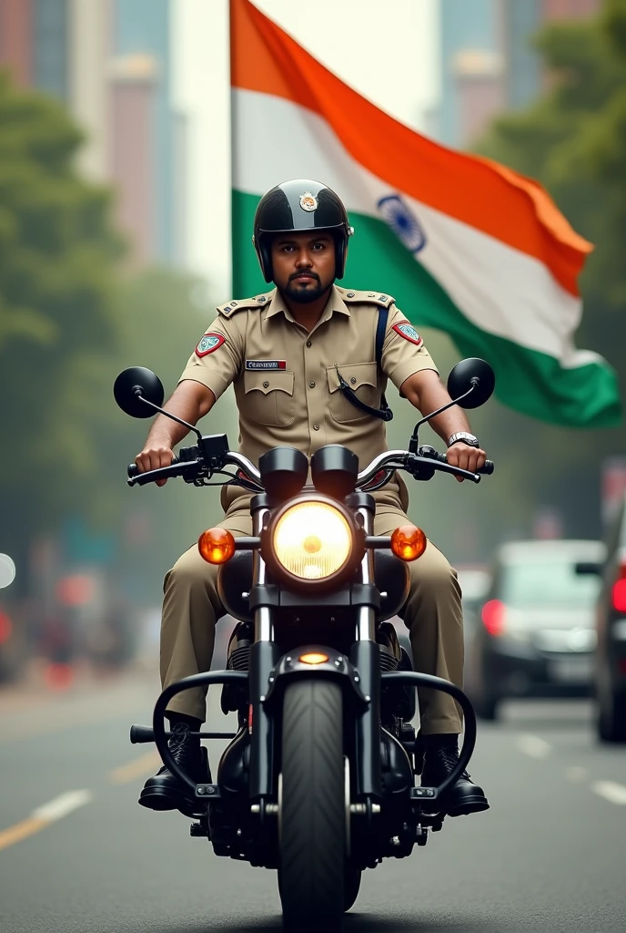 Indian national flag waving by police person while riding bike