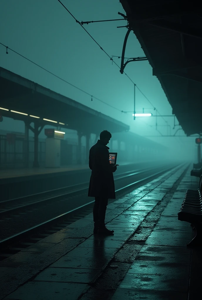 A man with his back turned with a computer in the middle of a gloomy train line