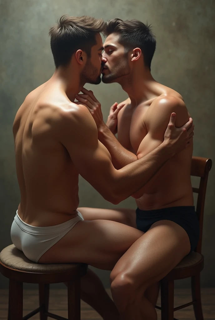 Men kissing on a chair in their laps in just their underwear