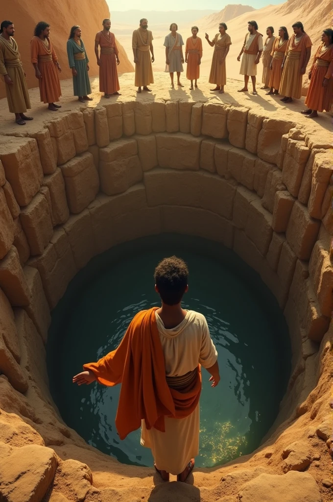A young man, Joseph of Egypt, in biblical times, inside a deep well, There are people pulling him with a big rope 