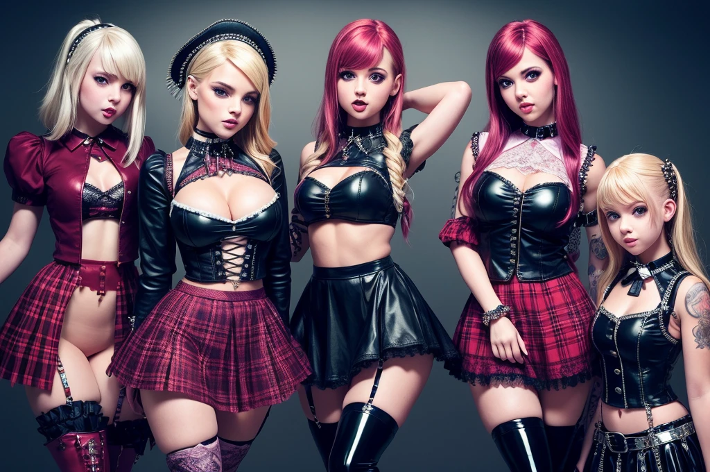 6 hot sweet innocent young European 21 year old college school girls with blonde and brown hair having a fun party, brookemonk, showing off their curves and smiling, sexy, beautiful girl, innocent, realistic 1.5, ((doll-like appearance)), ((shiny Punk-Style boots)), (big smile), ultra detailed eyes, Punk makeup, lipgloss, ((sexy Punk ta cosplay)), unconventional skirt, petticoats, high neckline, ((ultra detailed lace)), ((ultra detailed embroidery)), intricate details, tartan patterns, safety pins, Punk Loliccessoires, Punk Lolita cr, ((large sparkling Punk Lolita jewel