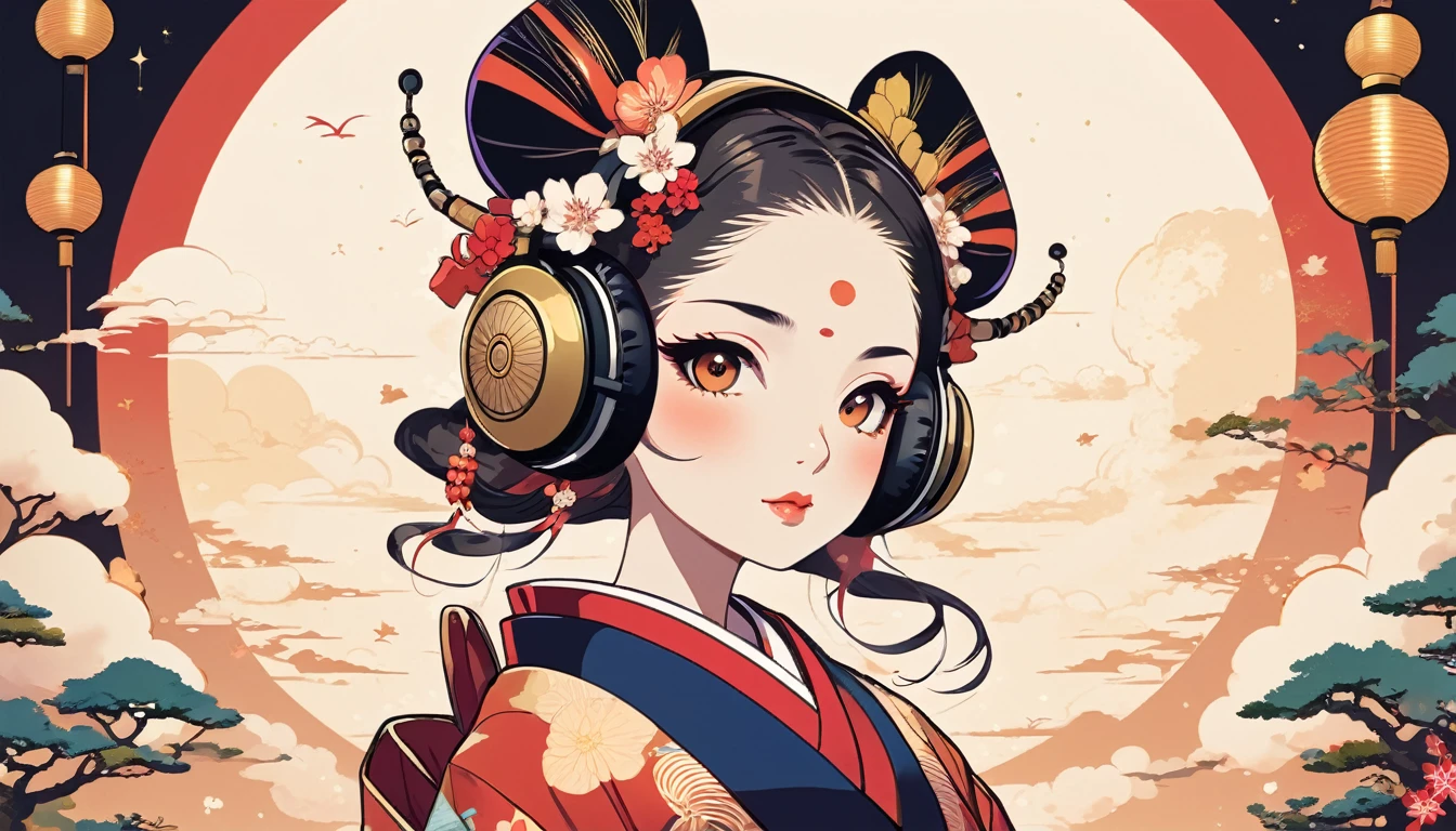 Oiran with Japanese style headphones、Wide-angle lens, Lofi Anime, Lofi illustration, Aesthetic atmosphere, Lo-Fi Style, Vector art, Flat Design, Simple shape, Warm tones, Pleasant atmosphere, Chill, In anime style, Digital drawing, Vector art, Vector logo for t-shirt printing, (Adorable:1.5), (small:1.4), (Playful:1.2), (soft:1.3), (Whimsical:1.1), masterpiece, Highest quality, 8k, Intricate details, grow, Celestial, Mysterious, Picturesque, amazing, Majestic, Magic, Fantasy art, Cover art, dream-like