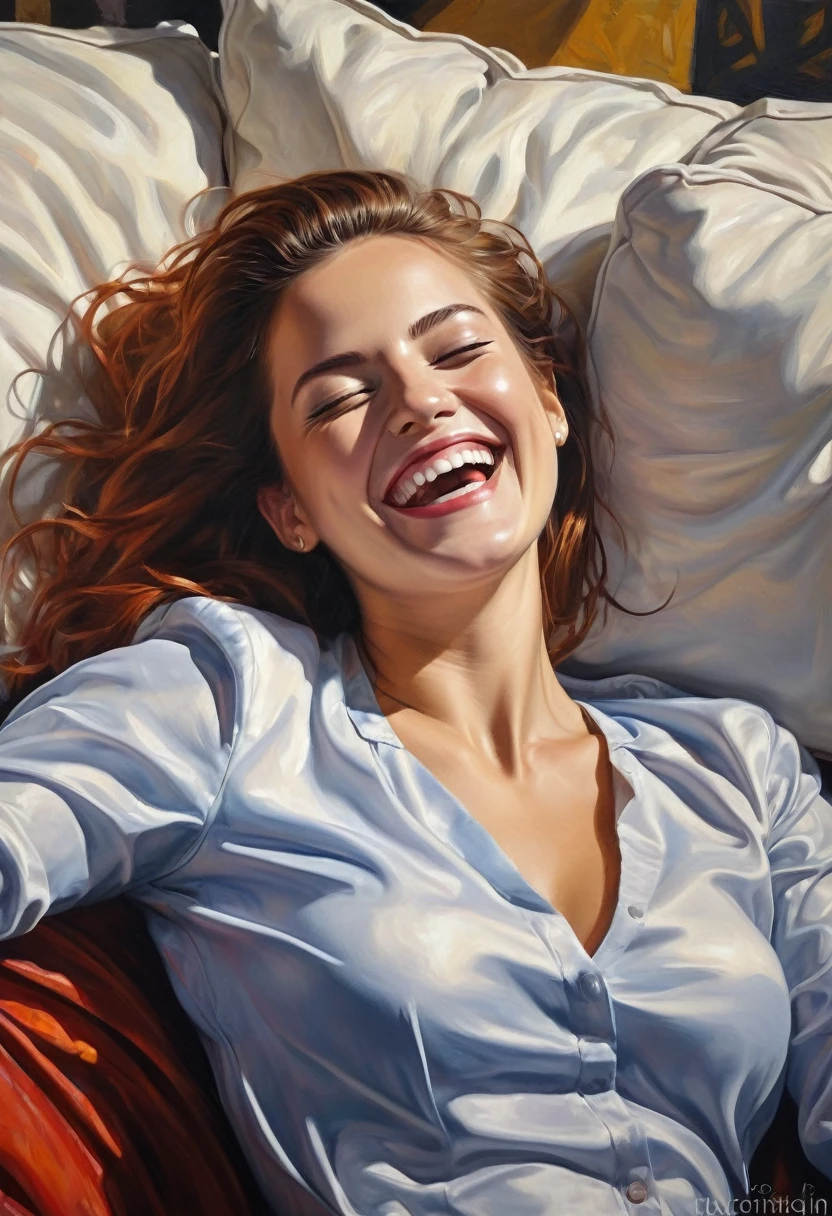 A painting of a woman with laughing, full of joy ((golden ratio}} laying on the sofa after a long night on the town, a sensual painting, a Beautiful expressive painting, Wadim Kashin. Ultra photo realism, Louise Ross, digital painting art, Perceptual digital painting, Stylish digital painting, Bonito painting, glossy digital painting, beautiful digital painting, digital art painting, Fine paintings, ((Rod acrylic paint)).