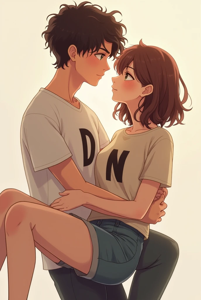 a couple of boyfriends and on the man&#39;s shirt there is the letter d that I have brown eyes and have curly but short hair, and the woman has the letter N on her shirt, shoulder-length, semi-curly hair and the letters can be seen, the man lifting the woman