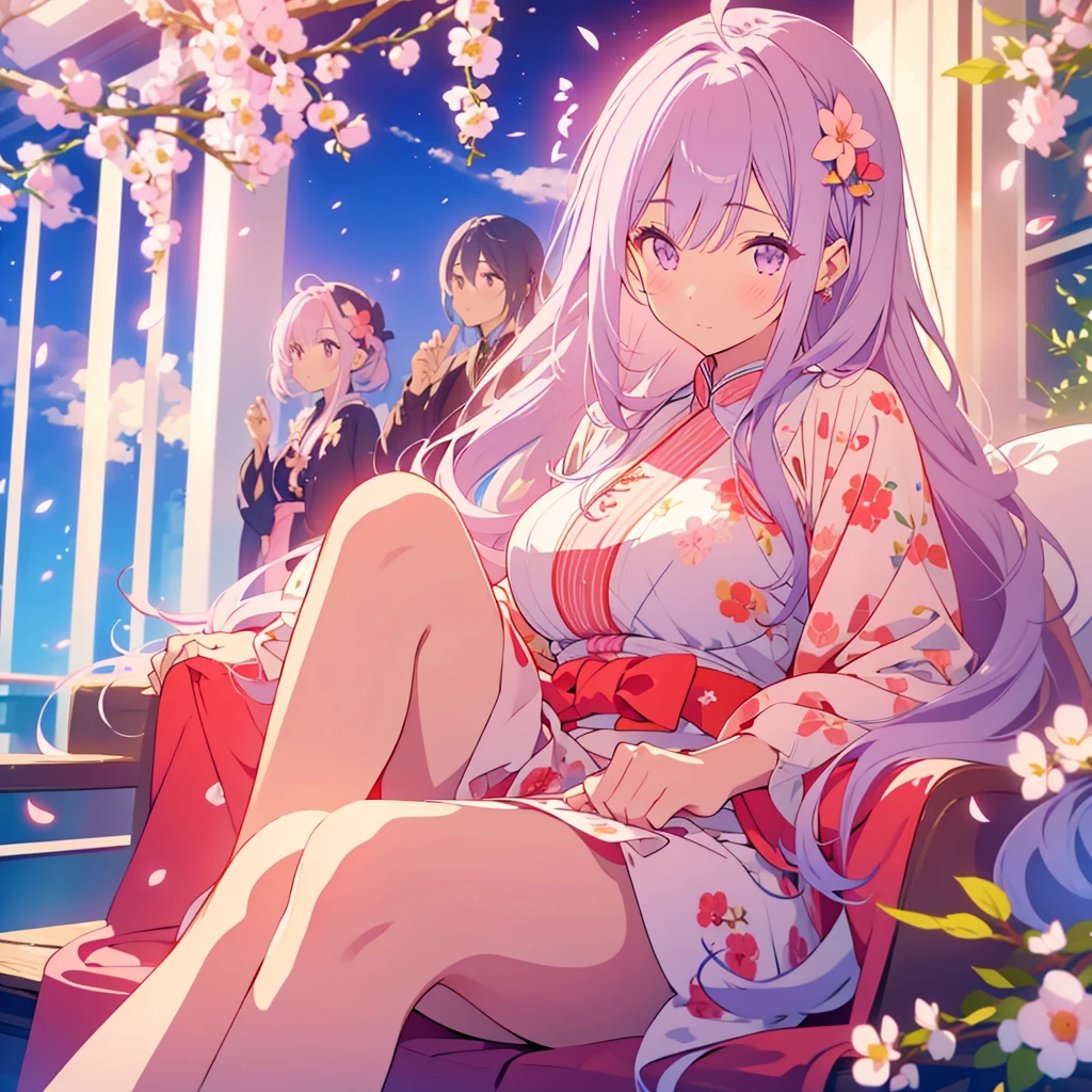 Adult woman with long light purple hair、Peach Blossom、Congratulations、celebration、Man&#39;s smile、Detailed facial expressions