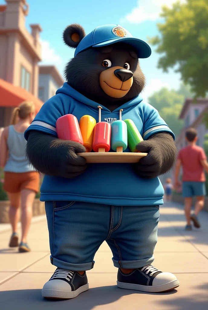 Black Frontino Bear wearing a blue sports shirt, jeans, black shoes and blue cap that delivers popsicles

