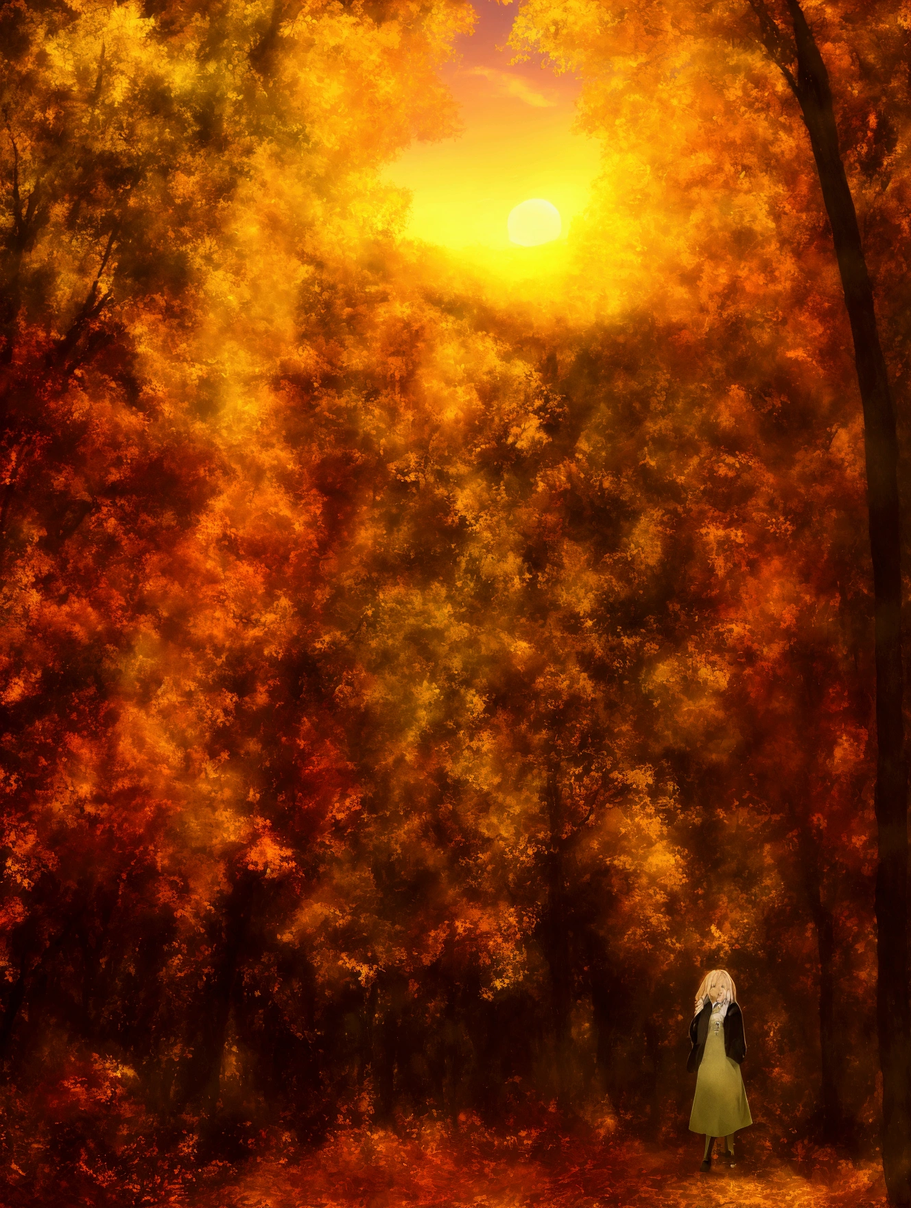 1girl standing next to a yellow Porsche,autumn forest, sunset, leaves falling, first snow,