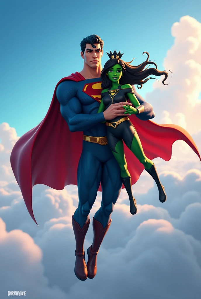 Un superman dans les airs qui porte une fille avec la peau verte les cheveux noires et une tenue noire avec une couronne noire sur la tête dans le style de fortnite