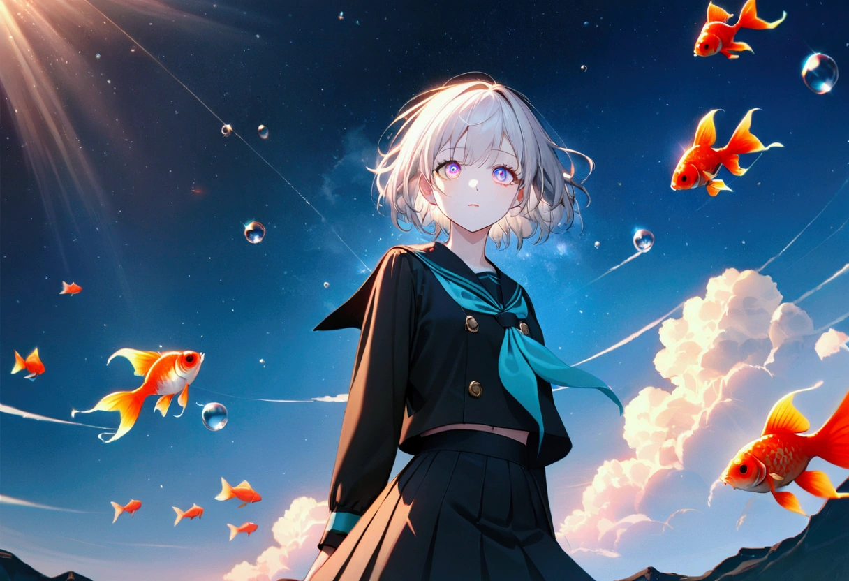 (woman\(student, 15 years old, JK, short hair, Silver Hair, Floating Hair, Space-colored eyes, Black Sailor Suit\(Of high school\), Pale skin, Tired face, No shine in the eyes\) Look up at the sky), (Many goldfish are swimming in the air), Beautiful sky, Beautiful Clouds, Colorful summer flowers are blooming everywhere., (Transparent bubbles shine like prisms here and there in the sky), The midday moon and the midday star shine in the sky, woman is at messy downtown, break ,quality\(8k,非常に精細なCGユニットのwallpaper, masterpiece,High resolution,top-quality,top-quality real texture skin,Surreal,Increase the resolution,RAW Photos,最高quality,Very detailed,wallpaper,Cinema Lighting,Ray Tracing,Golden Ratio\),(Long Shot),Wide Shot,