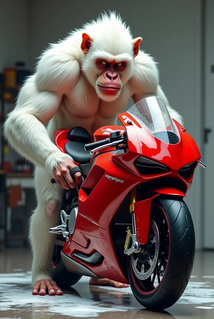 White muscular monkey washing a modern red motorcycle