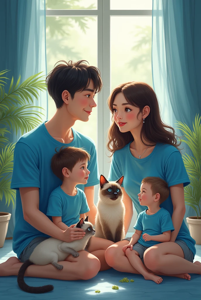 Beautiful women,smart and handsome boy have two children Boy and girl use the colour blue sea tshirt background at the dreams their beautiful house like have a two siamese cat