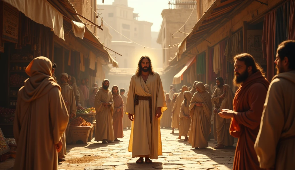 Jesus in a busy marketplace in ancient Jerusalem