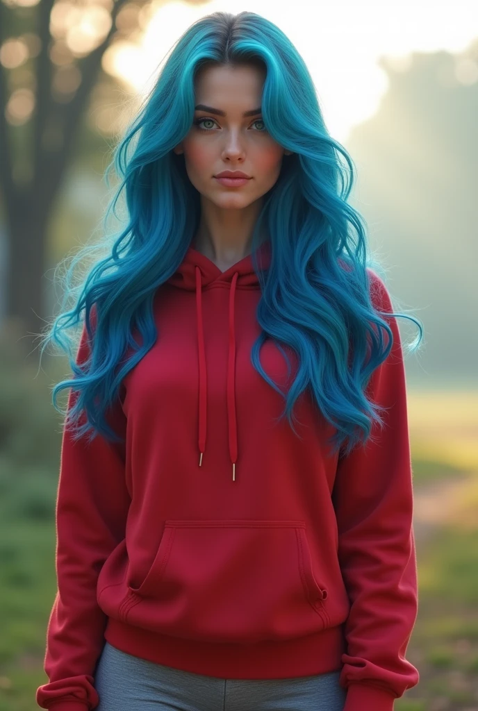20 years old young girl with blue and white hair , long flowing blue hair, very long wavy azure blue hair, long blue hair, beautiful woman with blue hair, flowing blue hair, beautiful blue haired girl, pretty girl with blue hair, long azure blue hair, blue long hair, very long blue hair, girl with blue hair, blue hairstyle,, tall, beautiful, athletic figure, medium round breasts , green eyes,(best quality, 4k, 8k, high definition), ultra detail, detailed face and facial features, beautiful detailed eyes, beautiful detailed lips, extremely detailed eyes and face, long eyelashes, graceful triangular face, classic lip shape, small graceful nose, super realistic. The early morning scene features soft sunlight rays and morning fog. She is dressed in a red hoodie and grey leggings. The image should be in ultra high-definition (4k or 8k) with high detail.