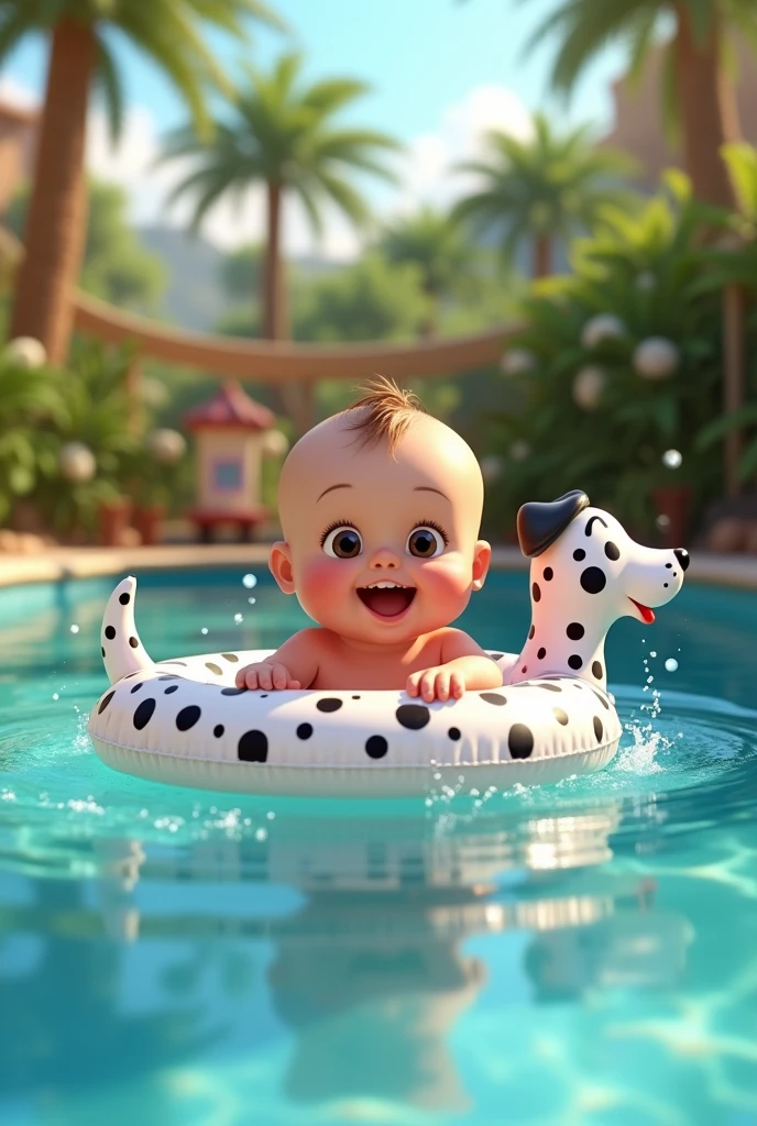 Imagine a Pixar-style animation of an 8-month-old baby in a swimming pool inside a dalmatian dog inflatable.