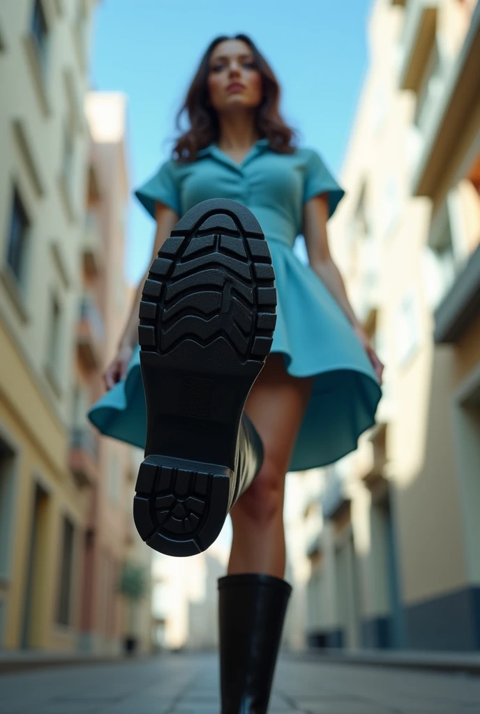 a pretty woman, 42 years old, Brown hair, pretty face, blue dress, black rubber boots, giantess, POV shot, lifts her right foot, Boot sole, FULL BODY shot