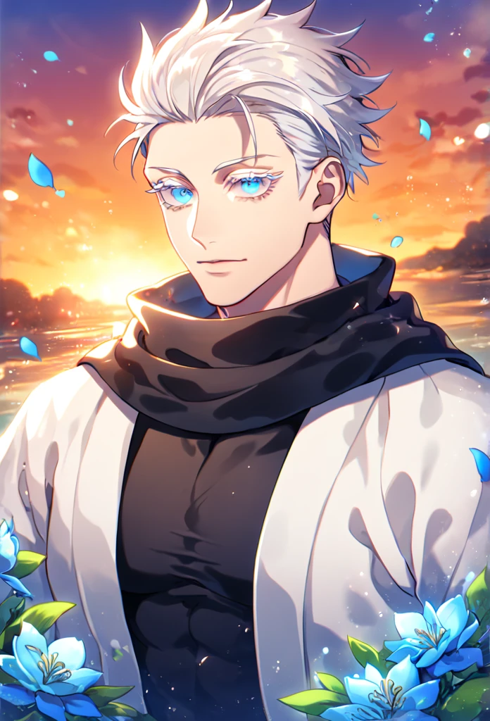 Ultra detailed, HDR, Highres, absurdres, masterpiece, solo focus, Gojou Satoru, white hair with bangs, slicked back hair, white eyelashes, colored eyelashes, expressive blue eyes, black scarf, black tight shirt, white haori, white baggy pants, Jujutsu Kaisen, sexy man, handsome, beautiful sunset, blue flowers, petals, green leaves, summer, handsome, sensual, best quality, glittering, solo, manly man