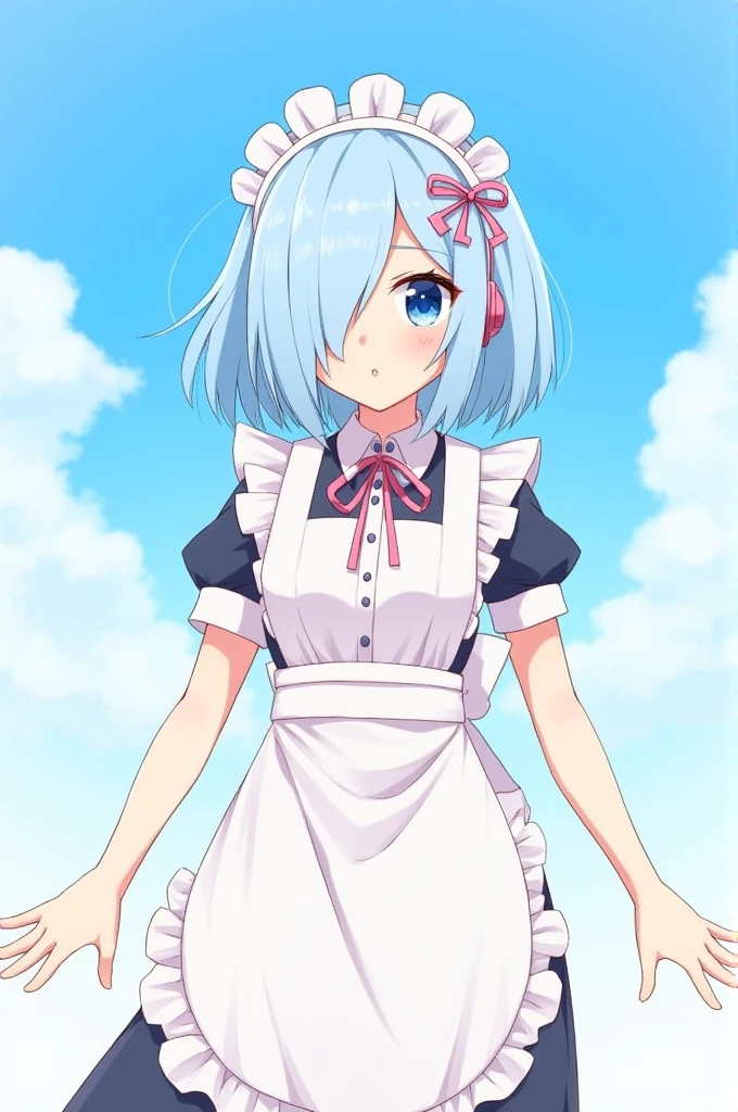 1 girl, alone, chest, look at viewer, Blush, short hair, blue eyes, hair accessories, set, ribbon, medium chest, blue hair, hair ribbon, outdoor, arms separated, sky, day, hair on one eye, apron, blue sky, maid, maid headset, x hair accessories, pink ribbon, roswaal mansion maid uniform, ass