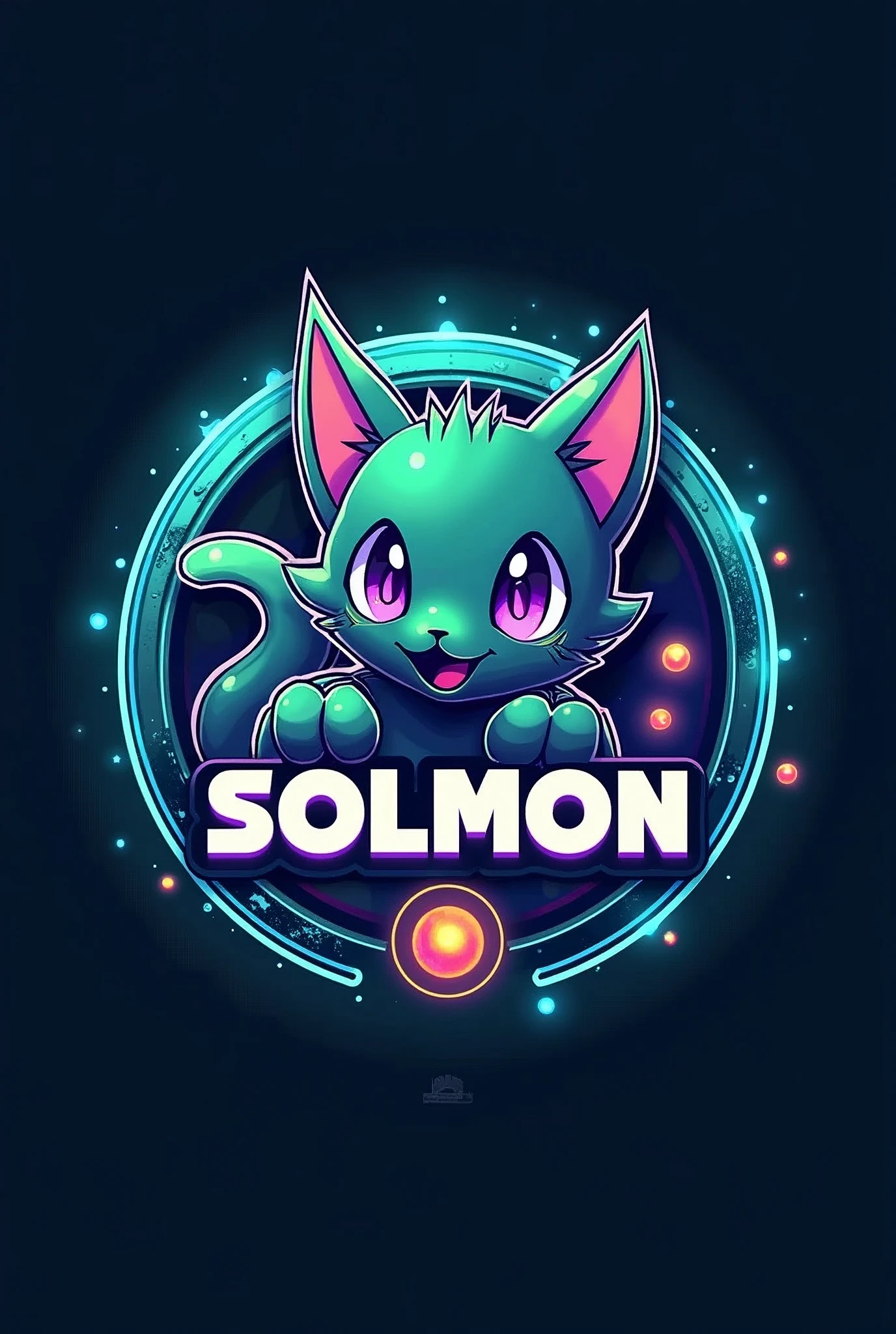 Design a circular logo for 'SOLMON - Solana Monsters' that reflects a fusion of modern, playful aesthetics with the essence of elemental-themed creatures, similar to the Pokémon style. The logo should feature a central emblem, such as a stylized cat monster animal or creature that represents the 'Solana' theme, using a vibrant color palette of blues, greens, and purples with glowing accents. The creature should have distinct characteristics that align with an elemental type (e.g., fire, water, earth), and be rendered in a way that captures both the power and cuteness of the design. Surround the emblem with a circular border that incorporates subtle textures or gradients reminiscent of digital or cosmic elements. The text 'SOLMON' should be prominently displayed within the circular design, using bold, rounded typography that feels both friendly and adventurous. Integrate elements like small digital sparks, stars, or waves around the text and emblem to give the logo an otherworldly, magical vibe. Ensure the overall design is clean, balanced, and visually striking, making it easily recognizable and suitable for branding purposes.