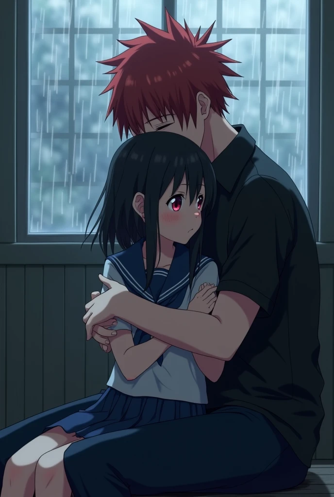 A 16-year-old Anime girl and a 20-year-old anime boy are both crying in the same room, the girl is sitting and the boy is hugging her, the girl has black hair and pink eyes, the boy has red hair, it is raining outside the window, the girl is in a Japanese school uniform and the boy is in a black shirt and black pants