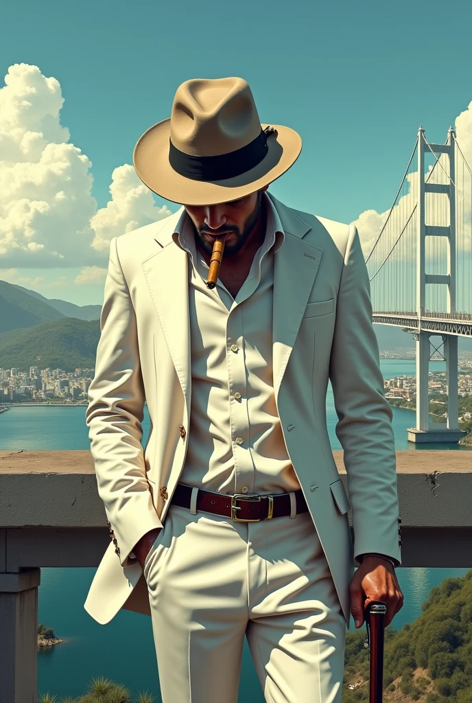 President Dutra Bridge Juazeiro Bahia Petrolina Pernambuco in the background Bohemian rogue hat smoking cigar head down white suit and holding a cane