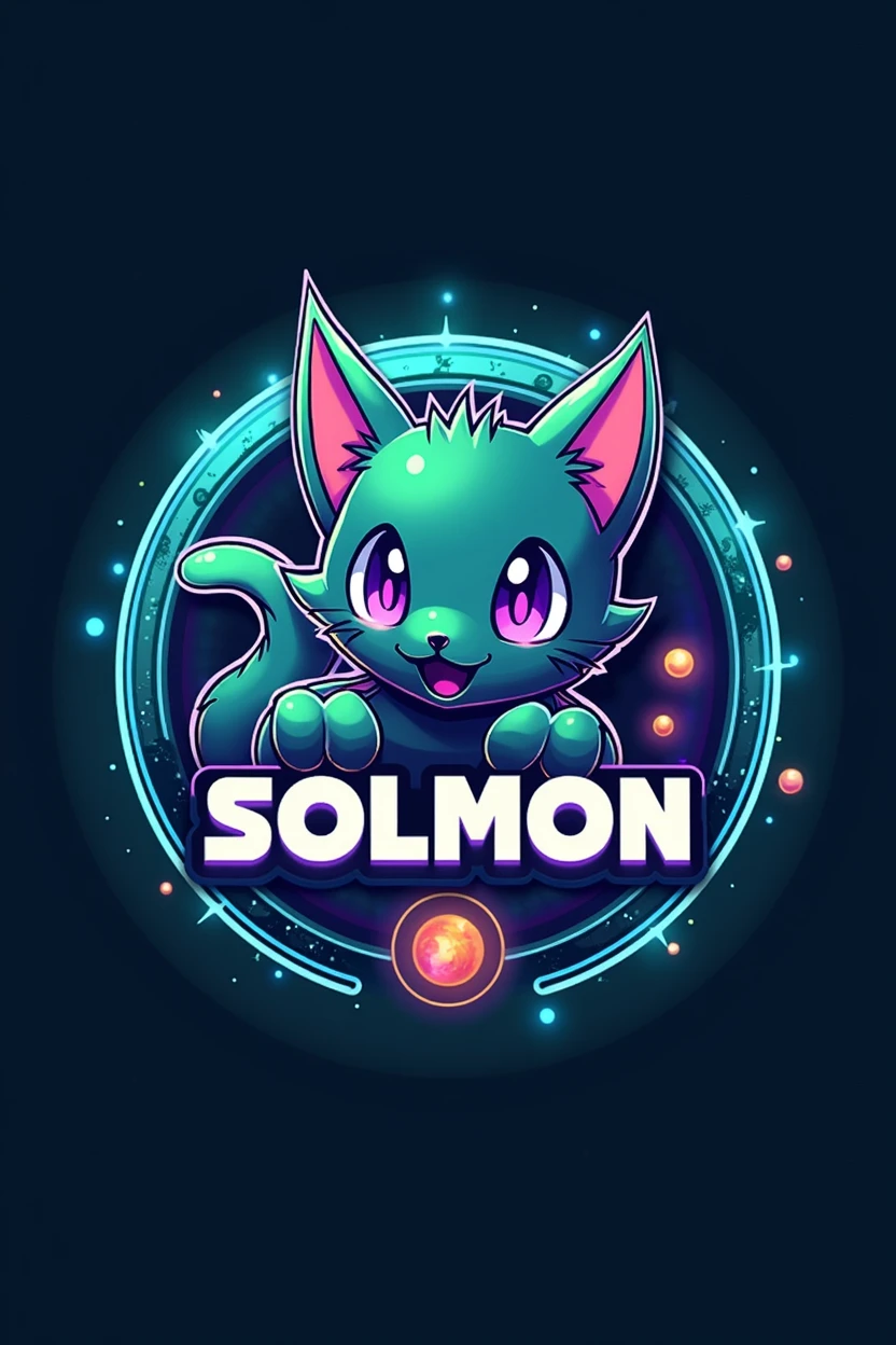 Design a circular logo for 'SOLMON - Solana Monsters' that reflects a fusion of modern, playful aesthetics with the essence of elemental-themed creatures, similar to the Pokémon style. The logo should feature a central emblem, such as a stylized cat monster animal or creature that represents the 'Solana' theme, using a vibrant color palette of blues, greens, and purples with glowing accents. The creature should have distinct characteristics that align with an elemental type (e.g., fire, water, earth), and be rendered in a way that captures both the power and cuteness of the design. Surround the emblem with a circular border that incorporates subtle textures or gradients reminiscent of digital or cosmic elements. The text 'SOLMON' should be prominently displayed within the circular design, using bold, rounded typography that feels both friendly and adventurous. Integrate elements like small digital sparks, stars, or waves around the text and emblem to give the logo an otherworldly, magical vibe. Ensure the overall design is clean, balanced, and visually striking, making it easily recognizable and suitable for branding purposes.