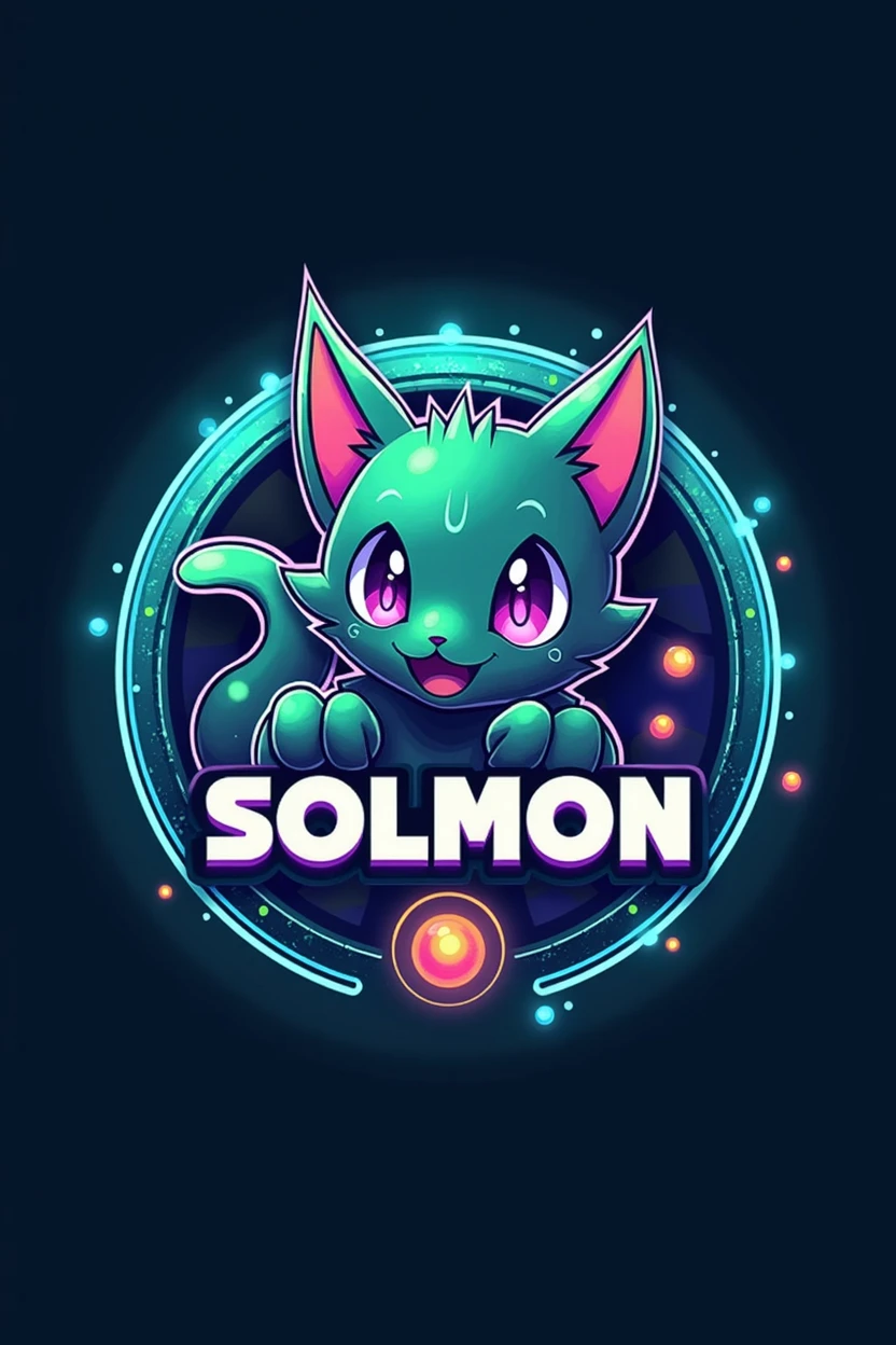 Design a circular logo for 'SOLMON - Solana Monsters' that reflects a fusion of modern, playful aesthetics with the essence of elemental-themed creatures, similar to the Pokémon style. The logo should feature a central emblem, such as a stylized  cat monster animal or creature that represents the 'Solana' theme, using a vibrant color palette of blues, greens, and purples with glowing accents. The creature should have distinct characteristics that align with an elemental type (e.g., fire, water, earth), and be rendered in a way that captures both the power and cuteness of the design. Surround the emblem with a circular border that incorporates subtle textures or gradients reminiscent of digital or cosmic elements. The text 'SOLMON' should be prominently displayed within the circular design, using bold, rounded typography that feels both friendly and adventurous. Integrate elements like small digital sparks, stars, or waves around the text and emblem to give the logo an otherworldly, magical vibe. Ensure the overall design is clean, balanced, and visually striking, making it easily recognizable and suitable for branding purposes.