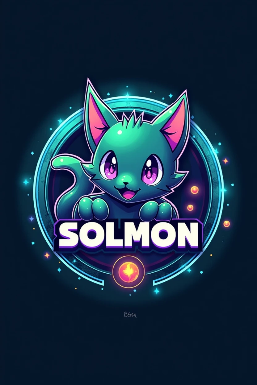 Design a circular logo for 'SOLMON - Solana Monsters' that reflects a fusion of modern, playful aesthetics with the essence of elemental-themed creatures, similar to the Pokémon style. The logo should feature a central emblem, such as a stylized  cat monster animal or creature that represents the 'Solana' theme, using a vibrant color palette of blues, greens, and purples with glowing accents. The creature should have distinct characteristics that align with an elemental type (e.g., fire, water, earth), and be rendered in a way that captures both the power and cuteness of the design. Surround the emblem with a circular border that incorporates subtle textures or gradients reminiscent of digital or cosmic elements. The text 'SOLMON' should be prominently displayed within the circular design, using bold, rounded typography that feels both friendly and adventurous. Integrate elements like small digital sparks, stars, or waves around the text and emblem to give the logo an otherworldly, magical vibe. Ensure the overall design is clean, balanced, and visually striking, making it easily recognizable and suitable for branding purposes.