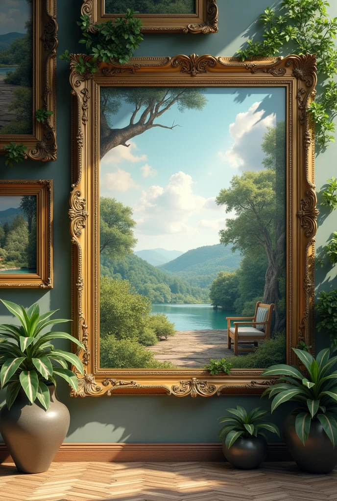 Make a picture with some photo frames on a wall and the picture must be a landscape