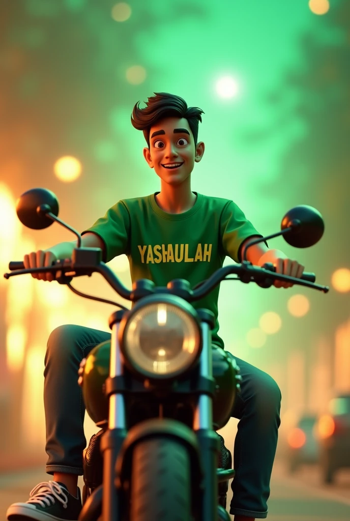 35mm film photography, Create a 3D illustration of an animated male character sitting on a motorcycle matching the color and design of Pakistan Independence Day and wearing a green shirt with name YASHAULLAH The character must wear casual modern clothing such as jeans and sneakers shoes. The background of the image is a independence day of Pakistan, high detail, gold glow bright green color palette, light green hour glow