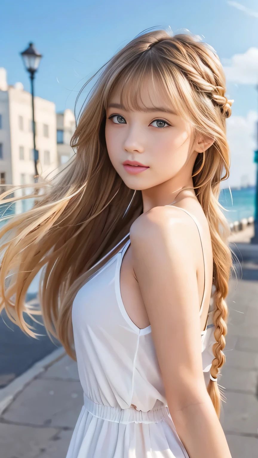 Sexy Big 、Sexy cute looks and cute beautiful girl, beautiful and sexy face、A strong wind blows my hair in front of my face、beautiful long blonde French braided hair、beautiful, Cute and sexy eyes hidden behind long bangs