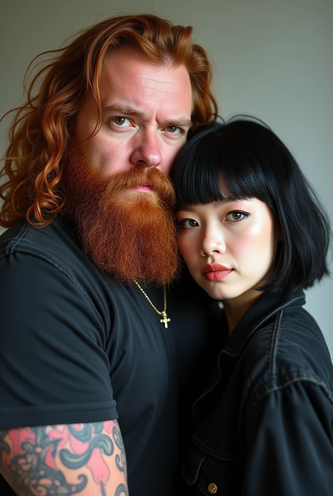Realistic photo of an interracial couple which is a metalhead with long curly ginger hair, 6 foot and has a dad bod and a short 5 foot goth Asian Filipina woman with short bangs and black straight hair