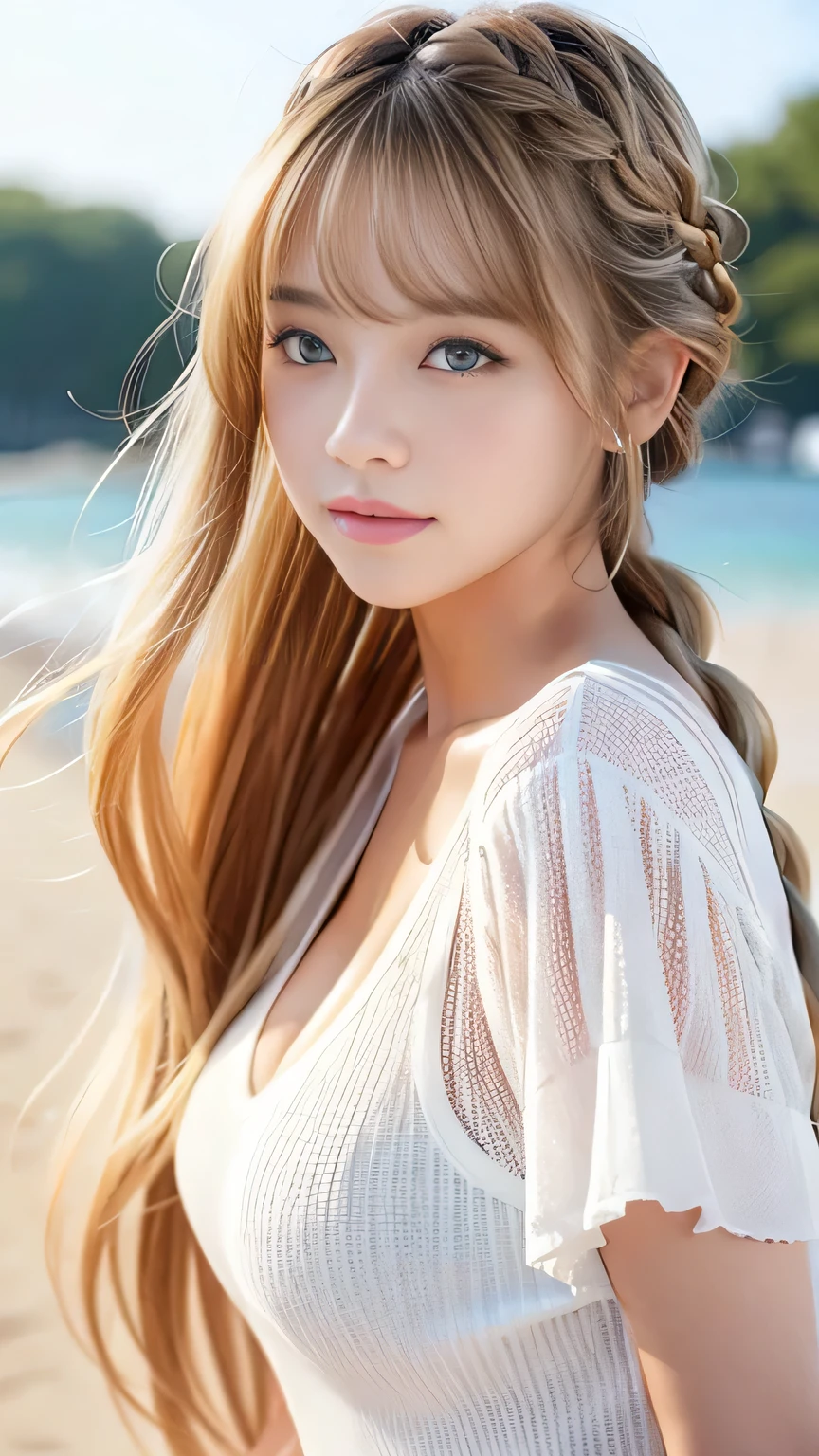 Sexy Big 、Sexy cute looks and cute beautiful girl, beautiful and sexy face、A strong wind blows my hair in front of my face、beautiful long blonde French braided hair、beautiful, Cute and sexy eyes hidden behind long bangs