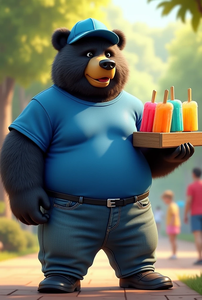 Black Frontino Bear wearing a blue sports shirt, jeans, black shoes and blue cap that delivers popsicles