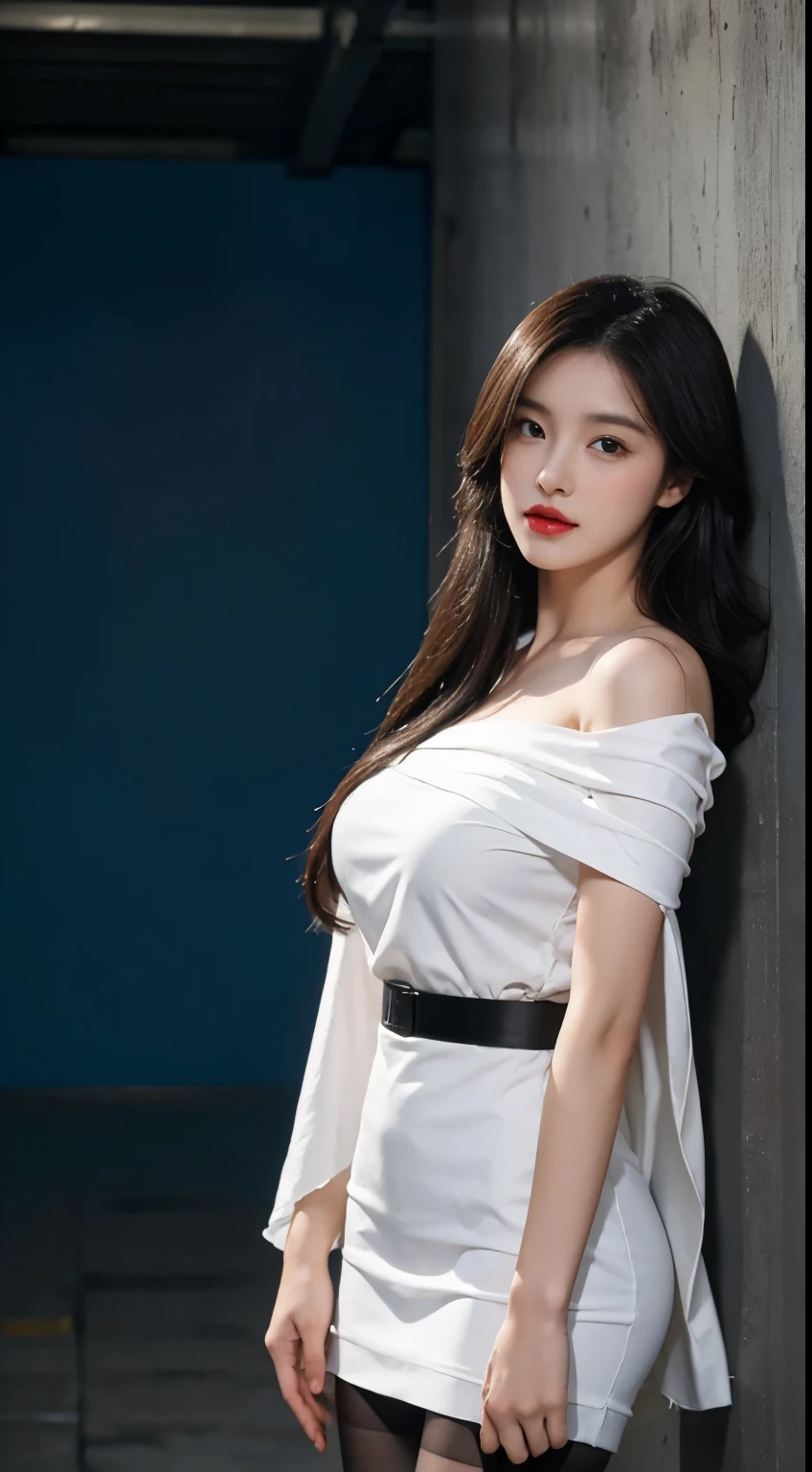 A perfect young female white-collar worker,Chinese big breasts,High picture quality,Works of masters,Black hair,Long hair shawl,Long hair flowing over the shoulders,cropped shoulders,clavicle,exquisite face,Hydrated red lips,blue-shirt,Banzoe bartic(show legs),Hosiery,white stockings,((Wearing black gloves))Real Human,Interior wall background,CG rendering,16K,Stand up,Empty interior,Do not show your hands,Close-up shot