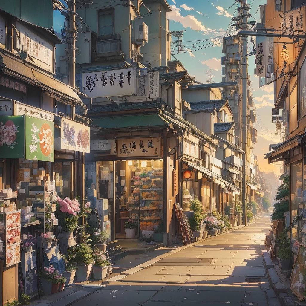 there is a painting depicting a street with shops and flowers, Japanese street, Japanese city, Tokyo, Anime scene, Japanese city, by Makoto Shinkai, Makoto Shinkai, Tokyo – старинный город, style of Makoto Shinkai, Japanese city center, in style of Makoto Shinkai, ( ( Makoto Shinkai ) )