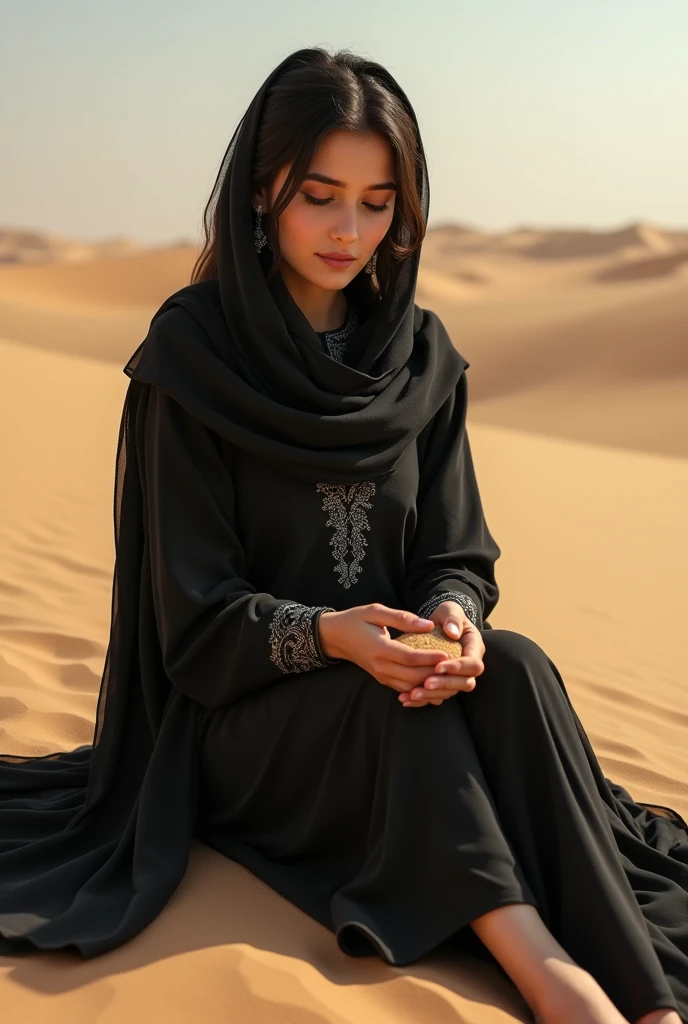 a wanna a realistic picture of human girl who is exact replica of ayeza khan  having dimples and fair skin wearing eastern black dress with scarf sitting in UAE dessert full picture from far she has sand in his hand and looking into that sand more