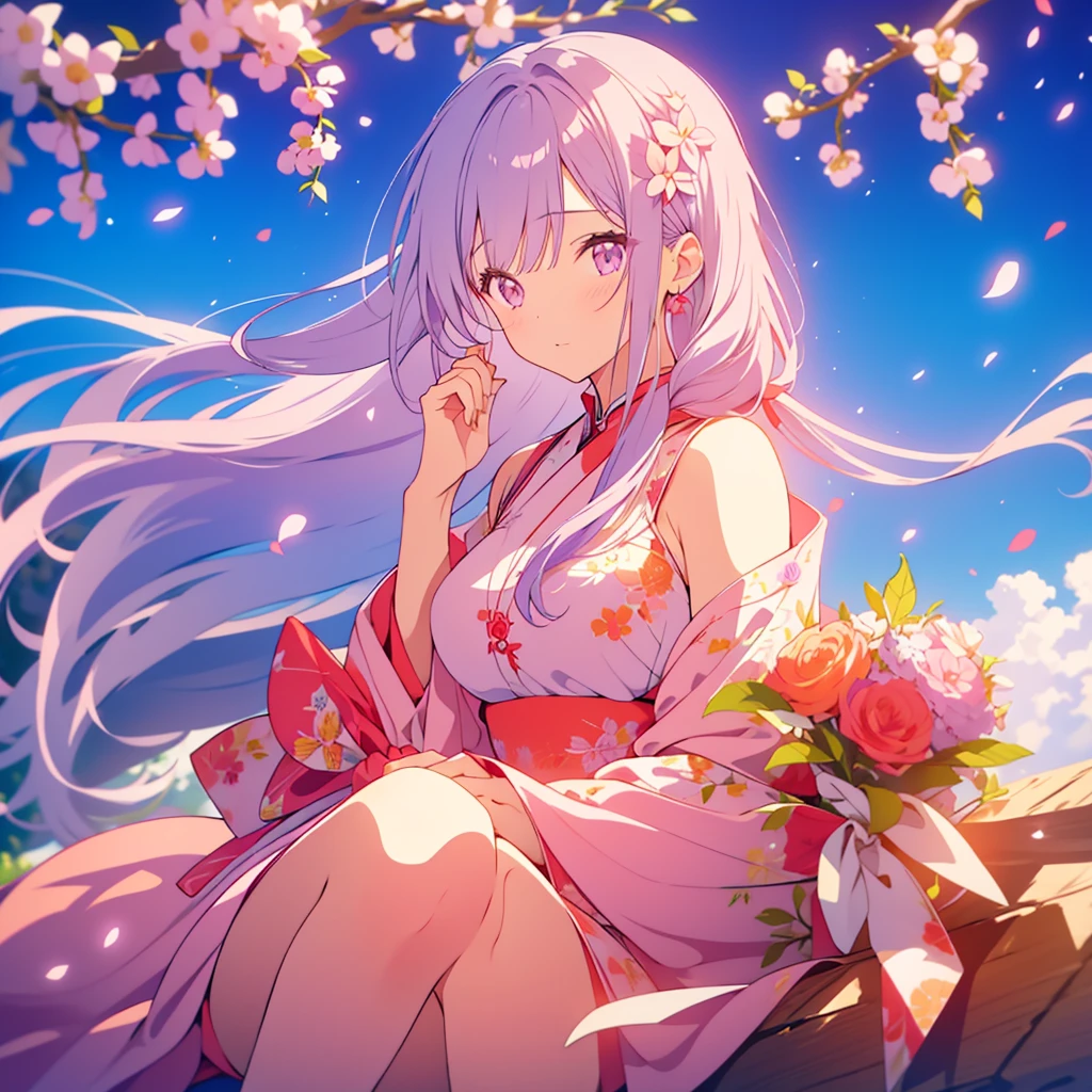 Adult woman with long light purple hair、Peach Blossom、Congratulations、celebration、Man's smile、Detailed facial expressions