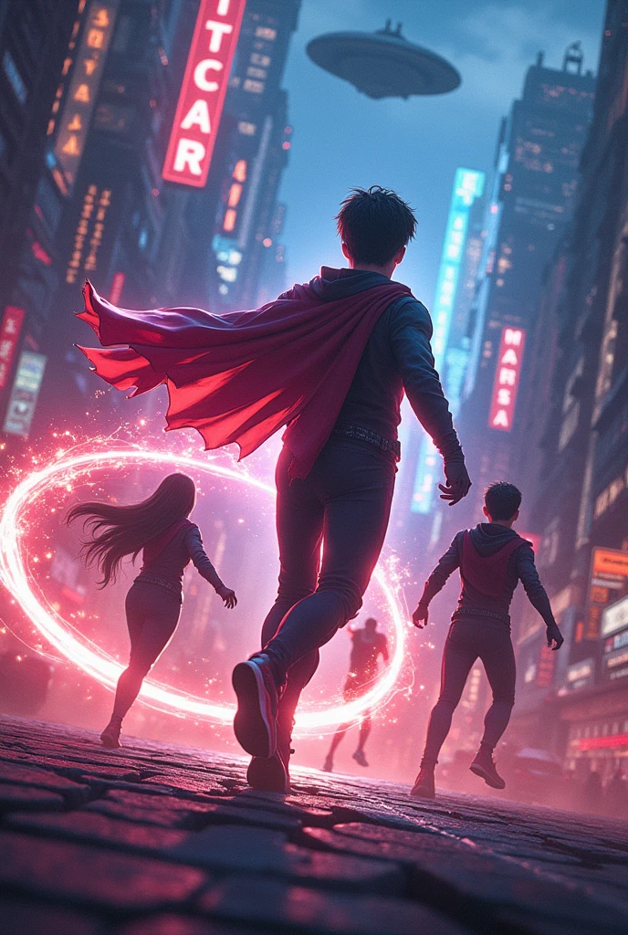 An intense battle scene on the neon-lit streets of a futuristic city. Three teenagers are fighting against a group of dark, menacing figures. One boy runs at super speed, leaving a trail of light, while the girl turns invisible to strike from the shadows. The central boy fights with determination, their powers clashing with the enemy’s forces."