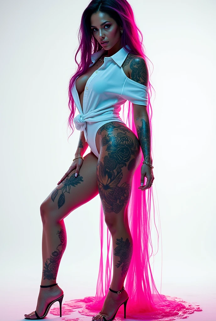 Monster Girl, Full Slime Body, colors neon, risa loca, malvada, arafed woman with tattoos and piercings posing in a white shirt, bombshell, gorgeous female, cardi b, clothed in white shirt, fully tattooed body, gorgeous woman, official product photo, better known as amouranth, gorgeous beautiful woman, tattooed body, full product shot, amouranth, dressed in a white t shirt, beautiful model
