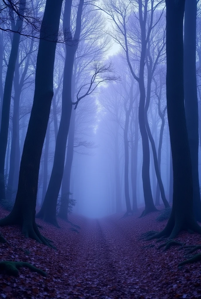 Blue forest background, which is all in purple soft tones, slightly dark. (excellent quality) (best quality) (realism)